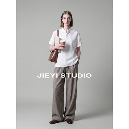 JIEYI 100%纯棉男士仿麻肌理短袖半开襟T恤透气立领清爽纯色上衣