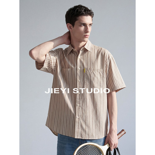 JIEYI 100%纯棉Sportique风条纹衬衫轻氧山系宽松口袋寸衣外套男