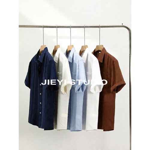 JIEYI 纯色翻领莱赛尔棉麻混纺短袖寸衣夏季新款奢贵亲肤男士衬衫