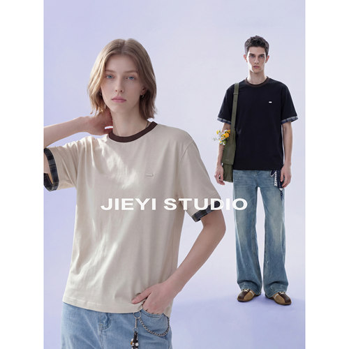 JIEYI 100%纯棉男生短袖T恤山拼接撞色层次感上衣微宽松圆领上衣