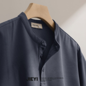 JIEYI 复古轻熟风青年体恤上衣 T恤亨利领男士 纯色净版 华夫格短袖