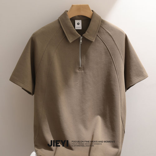 JIEYI 夏季新款休闲短袖POLO衫时尚百搭纯色翻领半拉链肌理上衣男