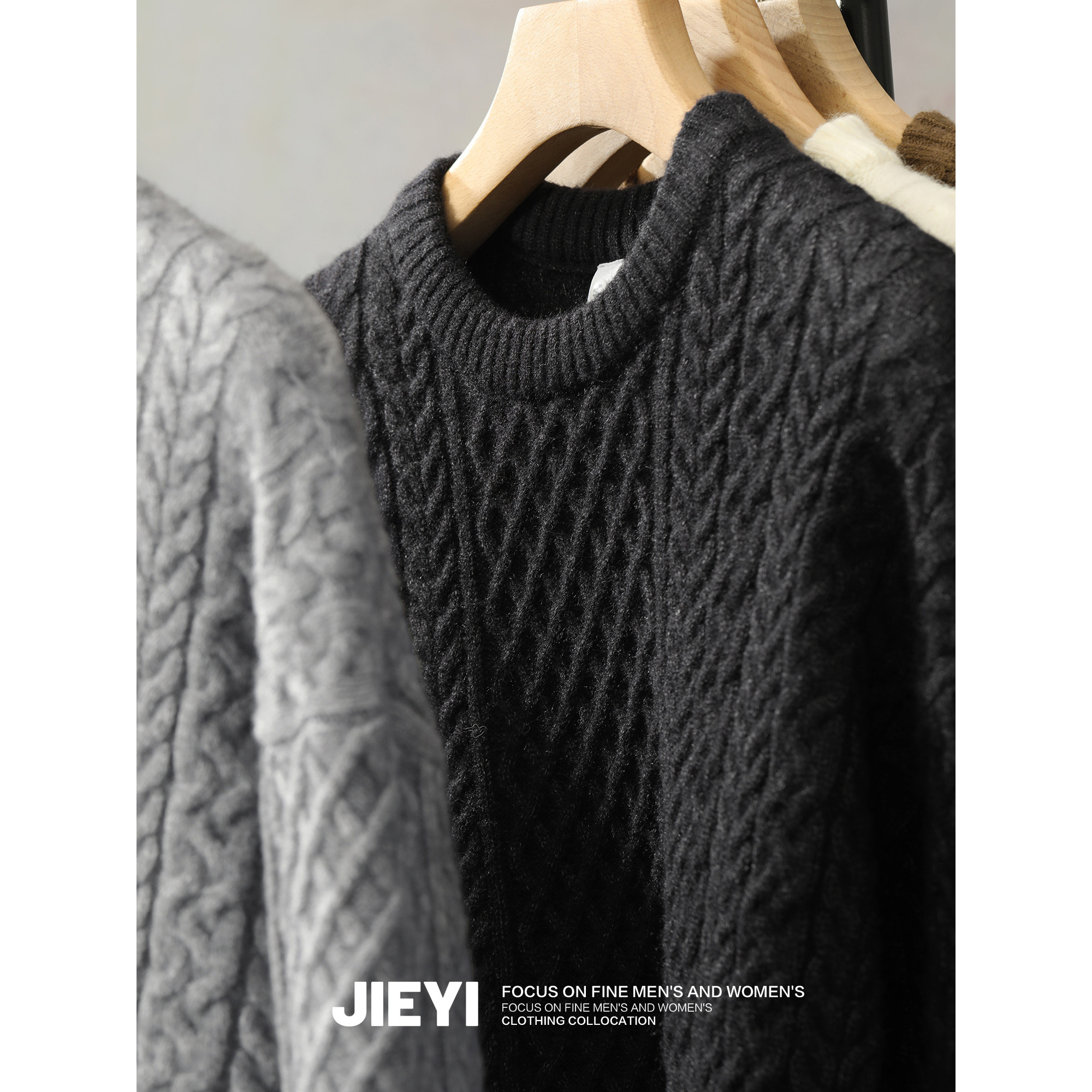 JIEYI 纯色纹理提花工艺舒适毛线衣保暖御寒冬季套头圆领针织衫男,男装,针织衫/毛衣,淘宝优惠券,粉丝福利购,淘宝优惠卷