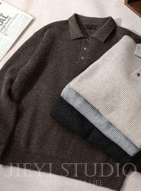 JIEYI 羊毛混纺坑条提花纯色针织POLO衫男士保暖冬季御寒毛线衣潮