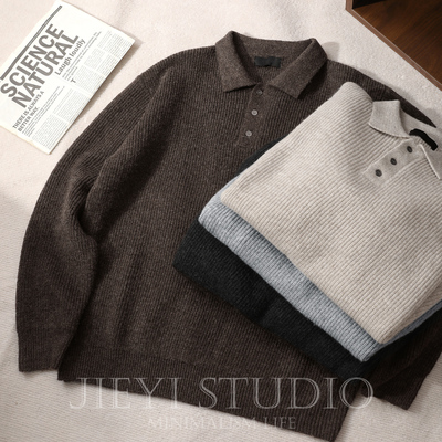 JIEYI 羊毛混纺坑条提花纯色针织POLO衫男士保暖冬季御寒毛线衣潮