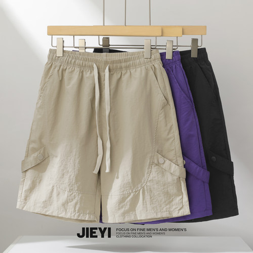 JIEYI 高街松紧腰直筒短裤男夏季速干透气五分裤子拼接设计休闲裤