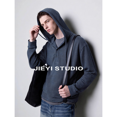 JIEYI 连帽撞色条纹宽松怀旧美式斜插袋针织衫长袖保暖秋冬卫衣