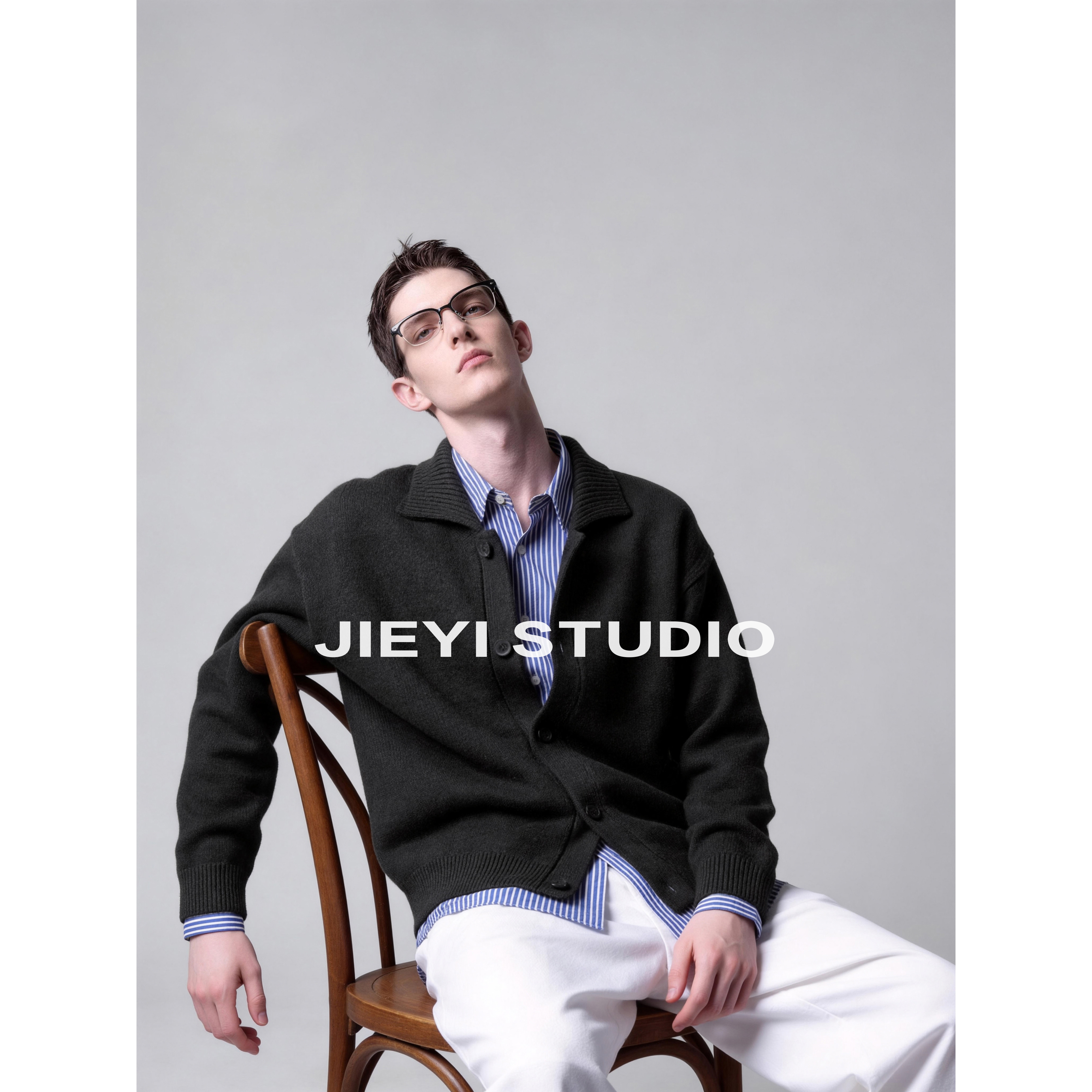 JIEYI 绵羊毛混纺极简通勤风毛衣开衫针织翻领杂色花纱肌理外套