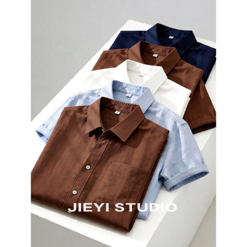 JIEYI 翻领outfits老钱风短袖衬衫莱赛尔棉麻混纺单排扣寸衣外套