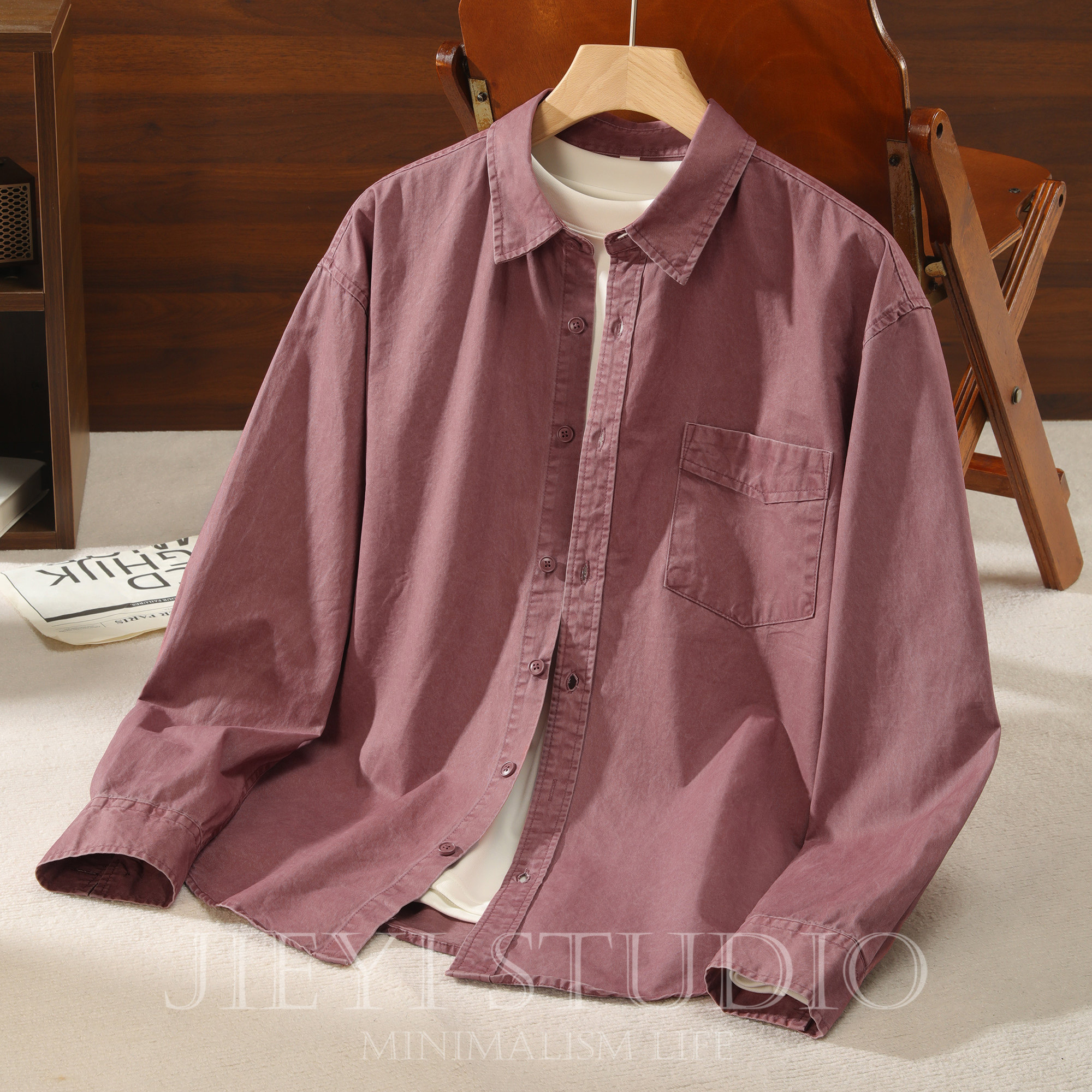 JIEYI 树莓红色翻领纯色衬衫男士100%纯棉长袖寸衣水洗工艺薄外套