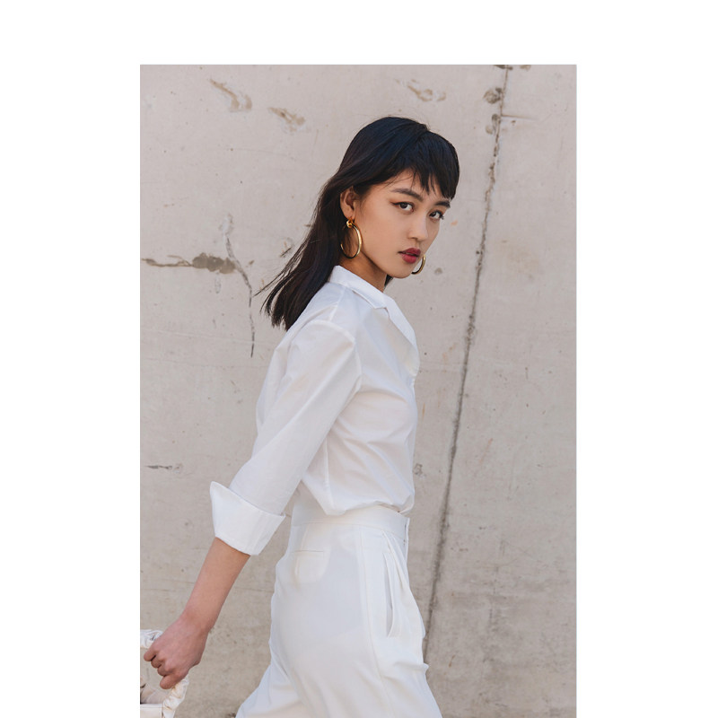 ANNPETITE 小个子女生 白色小领干练7分袖纯棉衬衫