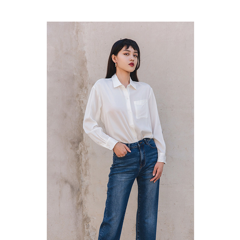ANNPETITE 小个子女生 中长款休闲白色口袋真丝衬衫