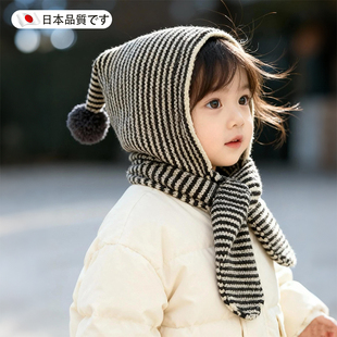 日本帽子围巾一体儿童秋冬季毛线针织护耳帽小女孩百搭洋气包头帽