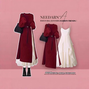 秋冬装搭配一整套法式连衣裙女2024新款小个子针织毛衣套装长裙子