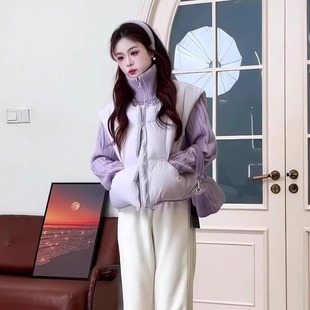 深冬装穿搭一整套紫色棉服马甲小香风软糯毛衣显瘦阔腿裤三件套装