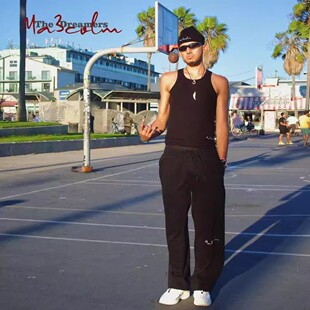 Ma3colm追梦系列日常通勤针织黑灰色宽松拼接直筒刺绣长裤卡米然