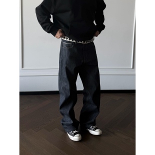 ''TZG''16OZ未脱浆做旧窄幅红边赤耳原牛复古直筒百搭纯色牛仔裤