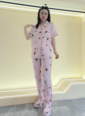 柔师羽家居服女士春夏新款对襟开衫冰雪丝短袖印花睡衣套装99203