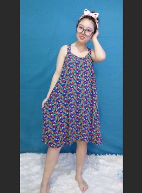 玉葱葱人棉家居服女士夏季印花吊带清凉棉绸家居睡裙人棉裙171024