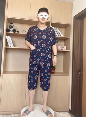 玉葱葱人棉家居服男士夏季新款人棉V领短袖短裤睡衣套装172017