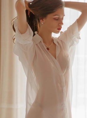 SLP真丝情侣性感睡衣女火辣高级感男友风白色衬衫睡裙纯欲风套装