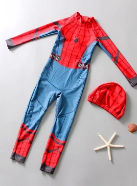 儿童蜘蛛侠连体泳衣防晒新款卡通蜘蛛人长袖泳装潜水服中大童男孩