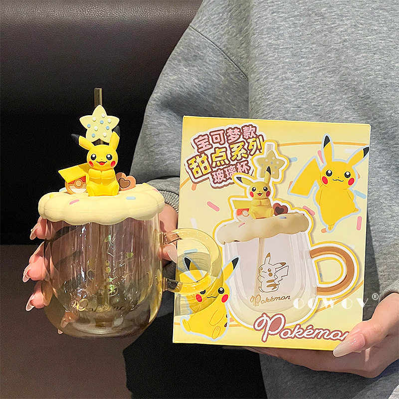 儿童皮卡丘高硼硅玻璃水杯可爱卡通神奇宝贝高颜值吸管杯子家用女