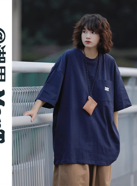 日系复古藏蓝色落肩T恤短袖男女oversize圆领口袋五分袖打底上衣