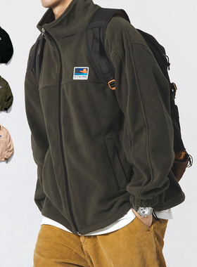 日系复古立领摇粒绒外套男秋冬保暖内胆不起球拉链羊羔绒夹克外穿