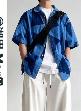 夏威夷风日系蓝色短袖衬衫男港风潮牌休闲印花拼色痞帅五分袖衬衣