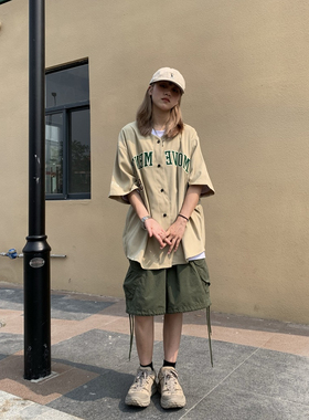 春夏新款印花短袖衬衫男圆领棒球服潮牌hiphop男女日系半袖衬衣