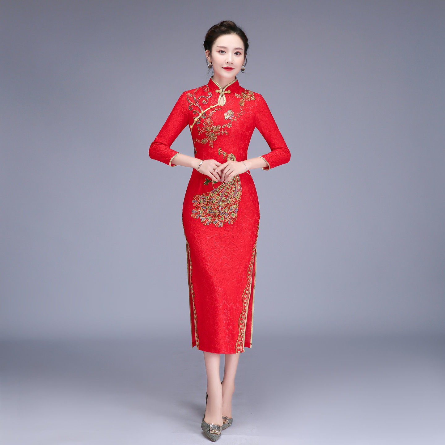 新款九分袖红旗袍复合蕾丝彩凤凰外嫁女金花回娘家表演出活动聚会