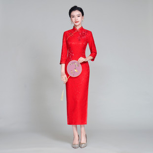 新款 庙会聚会演出礼仪显瘦中国风复古 回娘家活动长旗袍大红七分袖