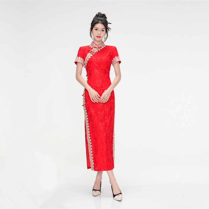 精红缘回娘家活动短袖袖红旗袍