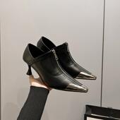 百搭中跟短靴细跟前拉链单鞋 高跟尖头时尚 时装 女踝靴 清仓