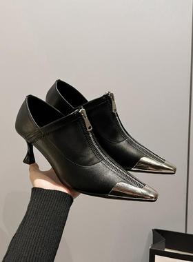 【清仓】时装高跟尖头时尚百搭中跟短靴细跟前拉链单鞋女踝靴