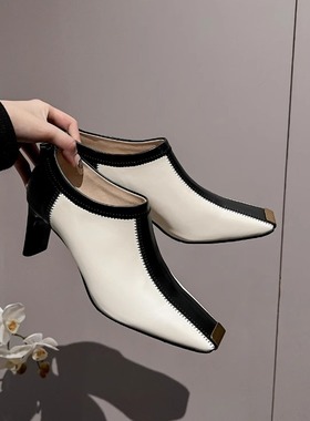 （清仓）秋冬季深口单鞋女高跟鞋金属包头方头粗跟后拉链拼色踝靴