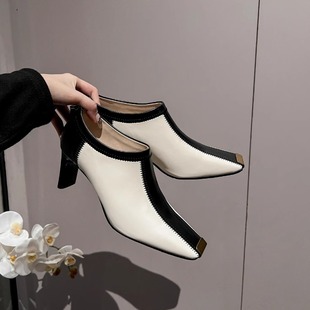 (清仓)秋冬季深口单鞋女高跟鞋金属包头方头粗跟后拉链拼色踝靴