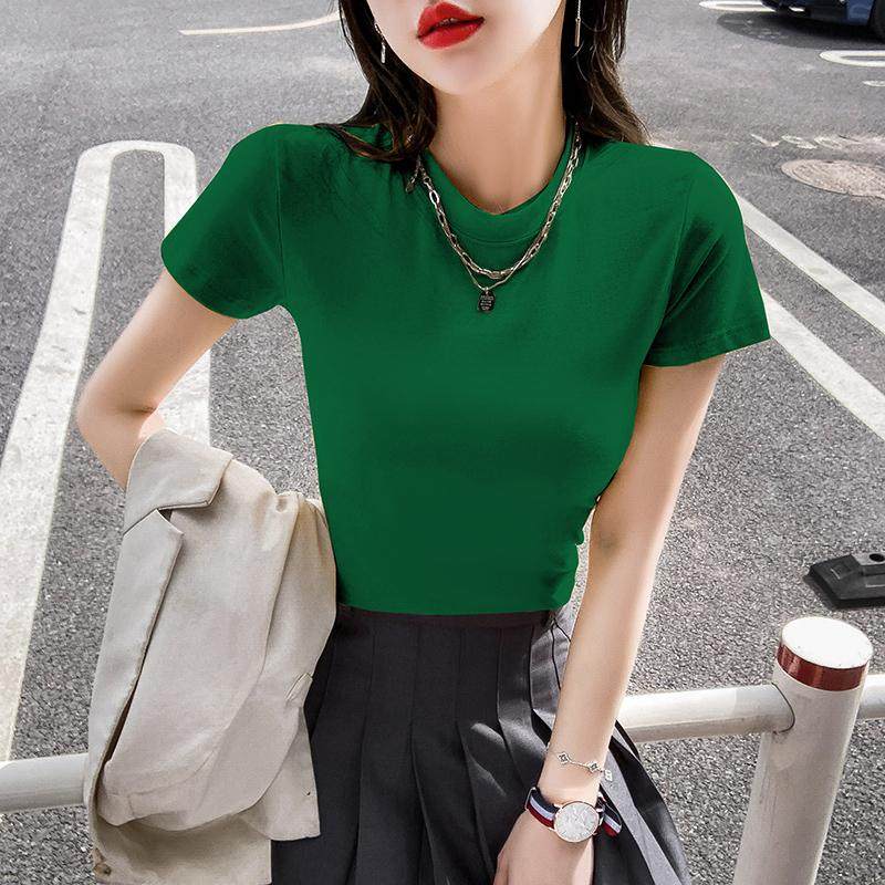 韩版牛油果绿半高领短袖t恤女紧身中领打底衫短款上衣正肩小领口,女装/女士精品,T恤,淘宝优惠券,粉丝福利购,淘宝优惠卷