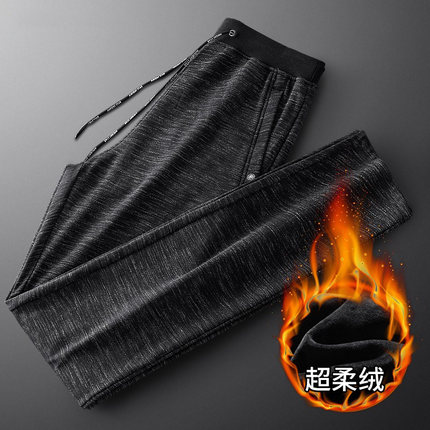直筒裤男冬季加绒加厚保暖口袋拉链爸爸外穿宽松缎彩黑运动休闲裤