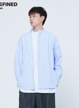 【断码清仓特价款】立领条纹假两件飘带装饰宽松衬衫帅气衬衣