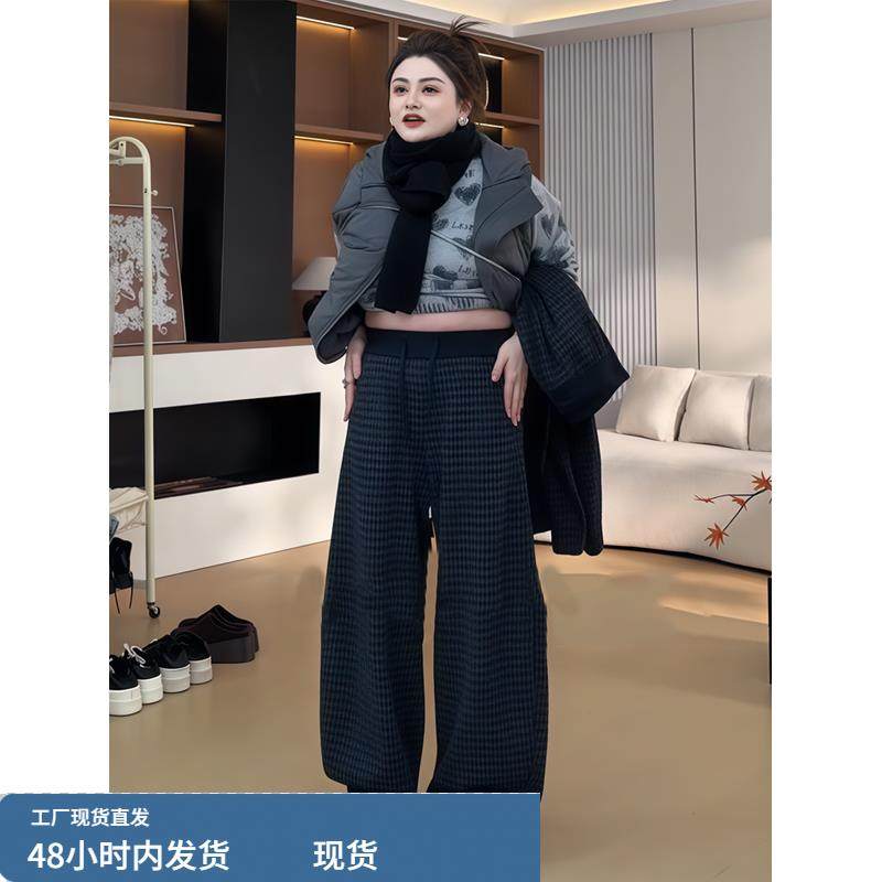 胖佳大码女装加绒加厚毛呢格子休闲裤冬季胖mm显瘦保暖百搭阔腿裤