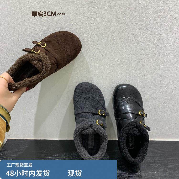 内增高！小众复古加绒勃肯鞋乐福鞋秋冬女鞋子保暖棉鞋雪地鞋单鞋