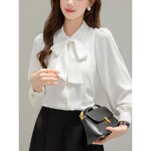 白色蝴蝶结系带衬衫女春秋公务员教师大学生单位答辩面试正装套装