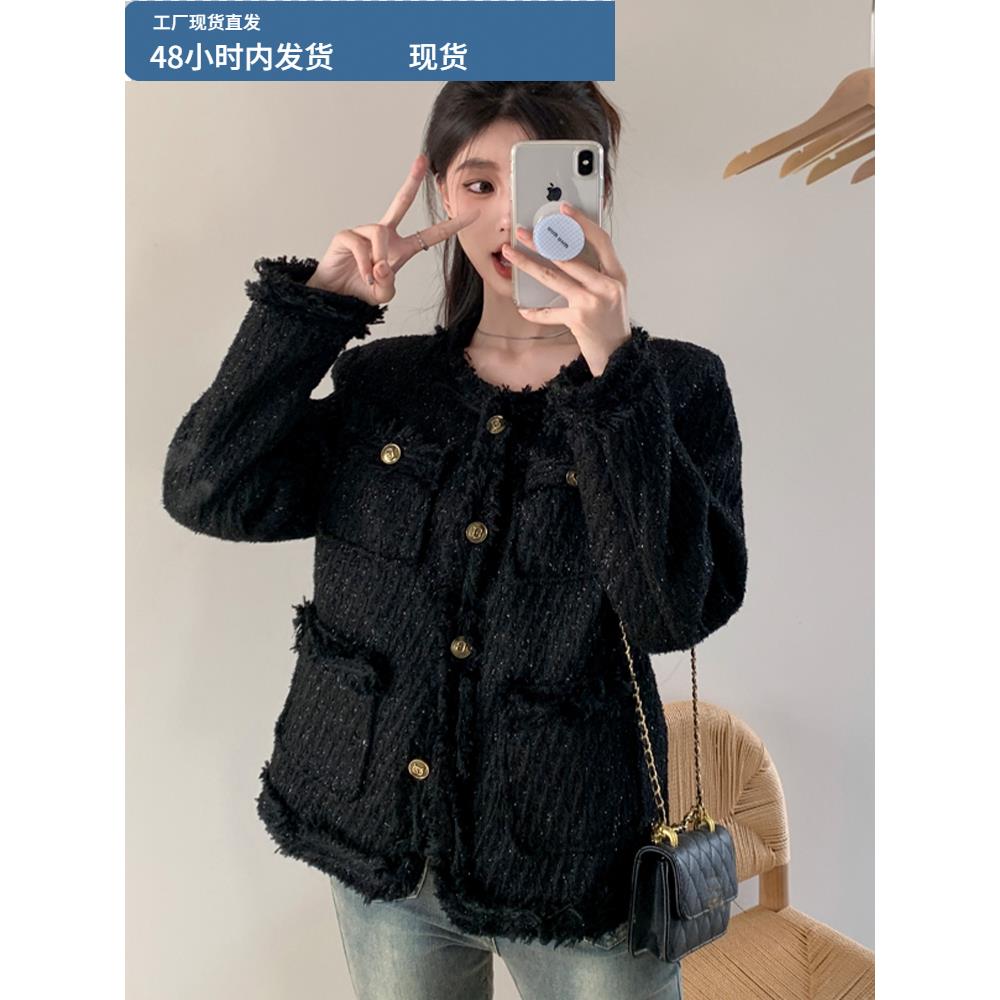 黑色小香风羽绒服外套女秋冬季2025新款小个子加厚粗花呢流苏大衣