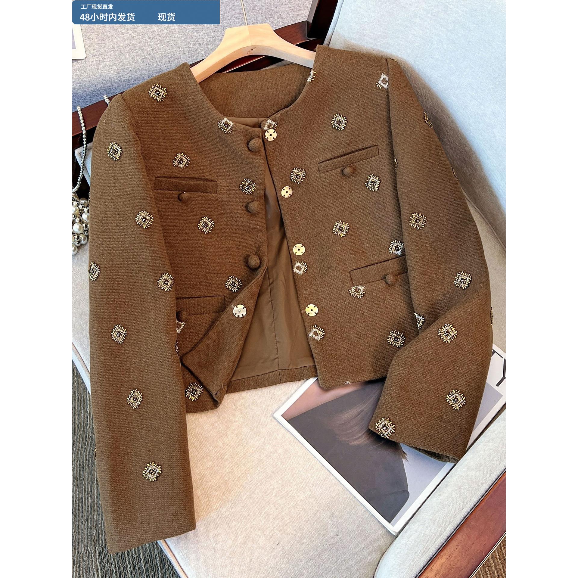 咖色小香风毛呢短款外套女2025新款爆款韩系覆古早秋穿搭百搭上衣