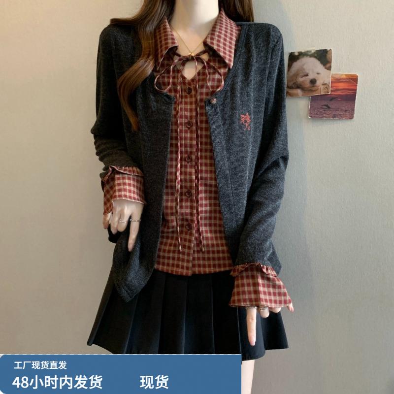 假两件拼接红色格子衬衫领针织衫女秋冬大码胖mm显瘦内搭打底上衣