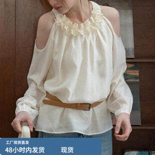 桑蚕丝杏色法式立体花朵设计感衬衫女款2026新款夏季穿搭露肩上衣