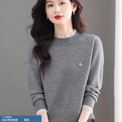 新款半高领保暖花边领灰色毛衣女长袖蕾丝拼接针织衫小个子打底衫