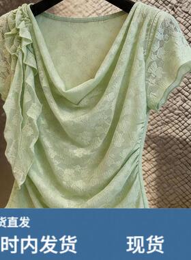 2026夏季轻熟法式风蕾丝荡领短袖上衣女绿色气质内搭T恤